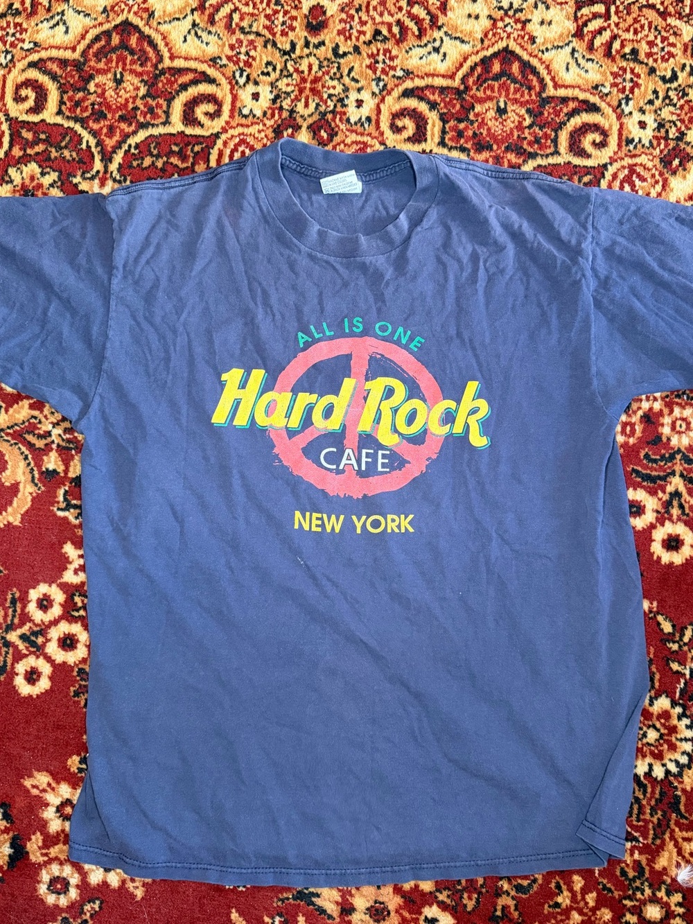 VINTAGE Hard Rock Cafe New York Navy Blue T-Shirt with Yellow & Pink Logo
